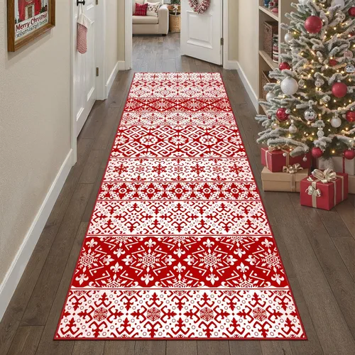 Miniatura 14 de Alfombra de Área Navideña 2x3 pies Copo de Nieve Rojo Tapete Decorativo Navideño para Entrada Cocina Lavable Antideslizante Suave Pelo Bajo Alfombra