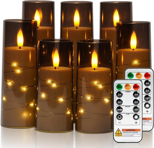 Miniatura 16 de Raycare Vela sin llama con temporizador remoto, 7 velas LED de acrílico parpadeantes con cuerda de estrella integrada para Navidad, boda, decoración