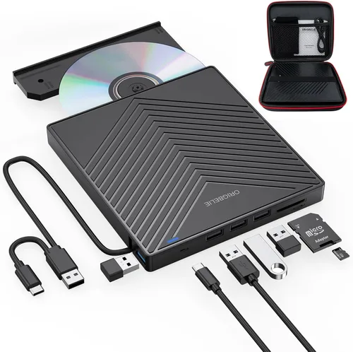 Miniatura 17 de ORIGBELIE Unidad externa de CD y DVD, grabadora de CD USB 3.0 con 2 puertos USB y 2 ranuras para tarjetas TF/SD, unidad de disco óptico