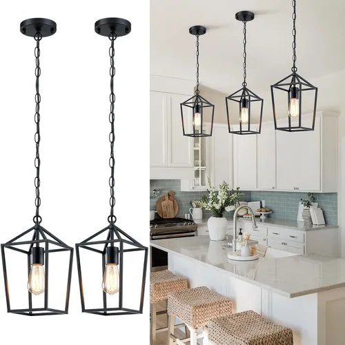 Sheetea Paquete de 2 luces colgantes de granja para isla de cocina, lámparas colgantes negras para comedor, iluminación colgante de cocina moderna