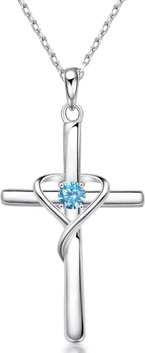 AmorAime - Collar con cruz de plata de ley 925 para mujeres y hombres, collares de piedra natal de circonita cúbica 5A, chapado en oro de 14