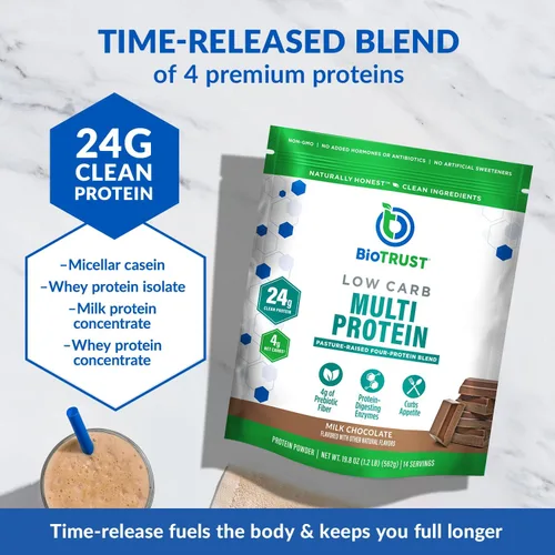 Miniatura 2 de BioTrust Proteína en polvo baja en carbohidratos, deliciosa mezcla de suero y caseína de vacas alimentadas con pasto, sin OMG, sin gluten (chocolate)