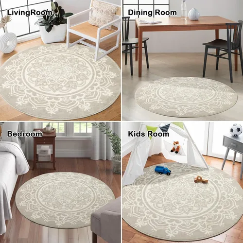 Miniatura 6 de Carvapet Alfombra redonda de 3 pies, alfombra circular con estampado de mandala, antideslizante, lavable, suave para entrada, baño, guardería