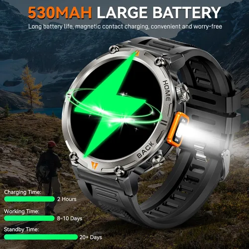 Miniatura 8 de Foxhawk Reloj inteligente militar para hombre, 1.45 pulgadas, resistente GPS, reloj inteligente táctico con brújula linterna LED, reloj de fitness