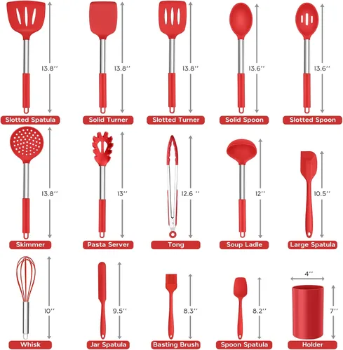 Miniatura 2 de Onader Juego de 15 utensilios de cocina de silicona, juego de espátulas rojas para utensilios de cocina con soporte, herramientas y accesorios Rojo