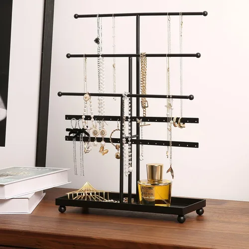 Miniatura 3 de MyGift Moderno soporte organizador de joyas de metal de 3 niveles, exhibición de almacenamiento de joyas negro mate con bandeja para anillos, 18