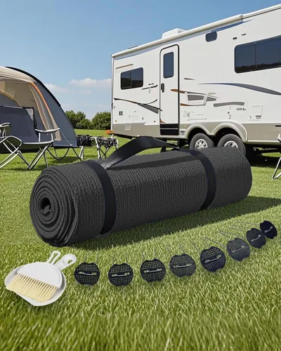 Miniatura 11 de FoundGo Alfombra para toldo de polietileno de alta densidad con ojales, clavos, escoba, para caravana, patio, patio trasero, picnic, playa, Gris