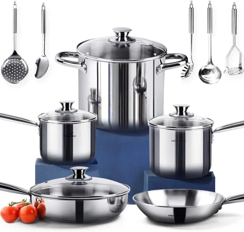 HOMICHEF Juego de utensilios de cocina de acero inoxidable sin níquel de 14 piezas, juego de ollas y sartenes sin níquel, utensilios de cocina de