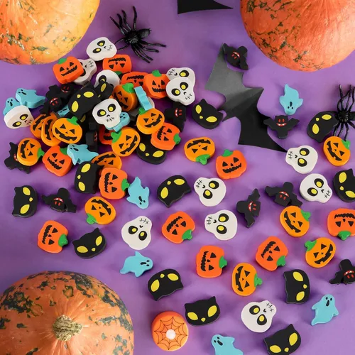 Miniatura 2 de AIQINHU Borradores de Halloween para niños a granel, 50 piezas grandes de Halloween, calabaza, fantasma, cráneo, murciélago, borradores para truco