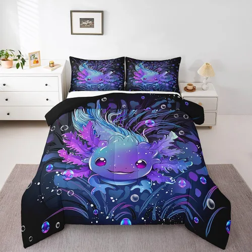 Miniatura 6 de Feelyou Lindo juego de ropa de cama de ajolote para niños y niñas tamaño twin, juego de edredón de salamandra para niños, mujeres y hombres, edredón