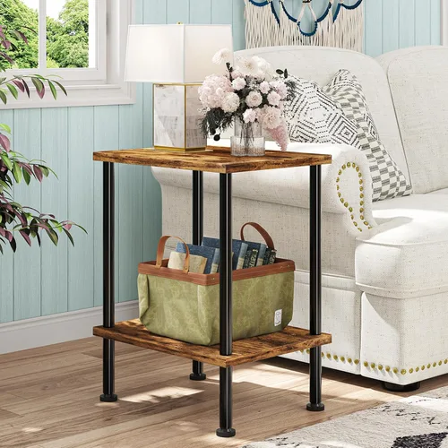 Miniatura 8 de Simple Trending Mesa auxiliar, mesa auxiliar pequeña para sala de estar, mesita de noche con estantes de almacenamiento de 2 niveles, marrón rústico