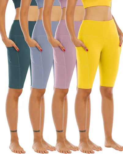 Miniatura 19 de WHOUARE Paquete de 4 pantalones cortos de yoga con bolsillos para mujer, cintura alta, atléticos, correr, entrenamiento, gimnasio, control de abdomen