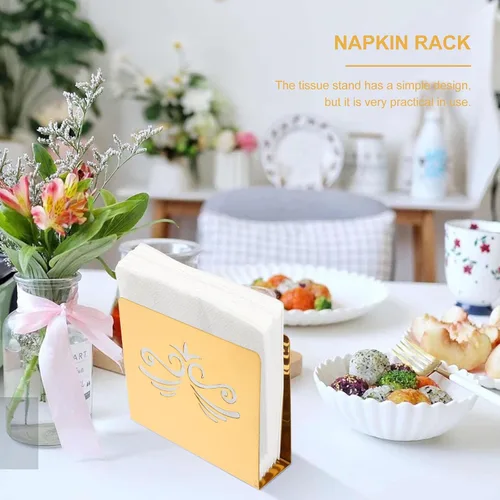 Miniatura 5 de Stainless Steel Napkin Rack with Gold Floral Pattern, Stylish Serviette Holder for Hotel and Home Use, Square Tissue Stand for Dining Table and