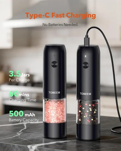 Miniatura 4 de Juego de molinillo de sal y pimienta eléctrico de TOMEEM con luces LED – Molinillo automático recargable de sal y pimienta con 6 ajustes de grosor