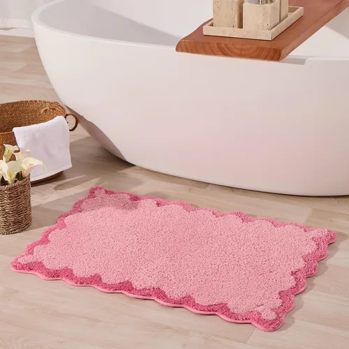 Miniatura 40 de ORTIGIA Pequeña y Linda Alfombra de Baño con Volados, Alfombras de Baño de Microfibra de Lujo en Blanco y Rosa, Antideslizante, Lavable, de Secado