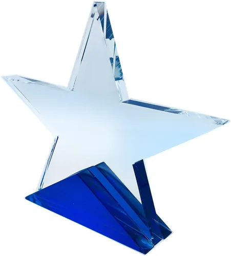 SHOP AWARDS AND GIFTS Trofeo de estrella de cristal de corte óptico sobre base azul, premio personalizado personalizable grabable para liderazgo o