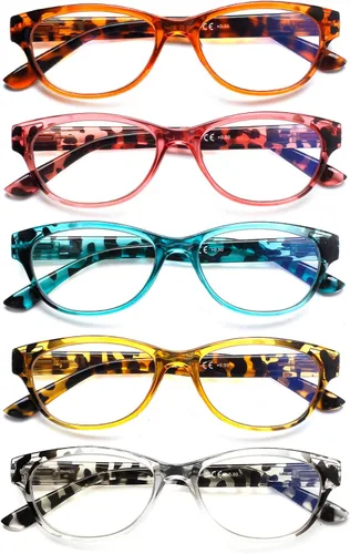 Miniatura 11 de SIGVAN Gafas de Lectura de Ojo de Gato para Damas 5 Pares con Bloqueo de Luz Azul Bisagra de Resorte Estampado de Patrón de Moda Lectores