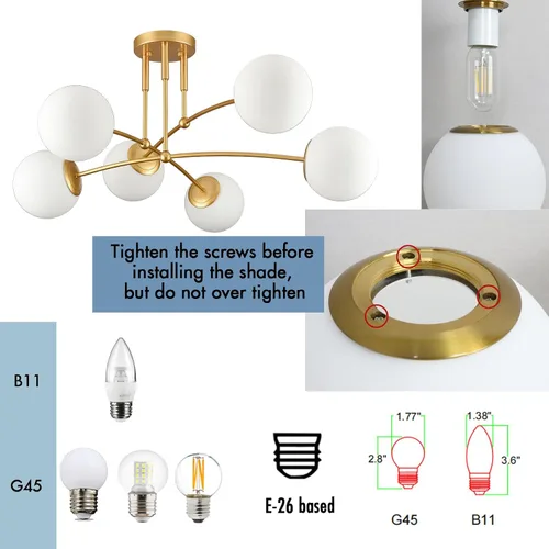 Miniatura 3 de CLAXY - Lámpara de techo dorada de mediados de siglo, semiempotrada, lámpara de globo de ópalo Dimmable 6-Light Sputnik Ceiling Chandelier E26