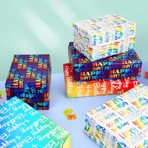 Miniatura 7 de BWLOIES Papel de Regalo de Cumpleaños Hojas de Papel de Regalo de Cumpleaños Hradient Multicolor Feliz Cumpleaños Juego de Papel Incluye Papel