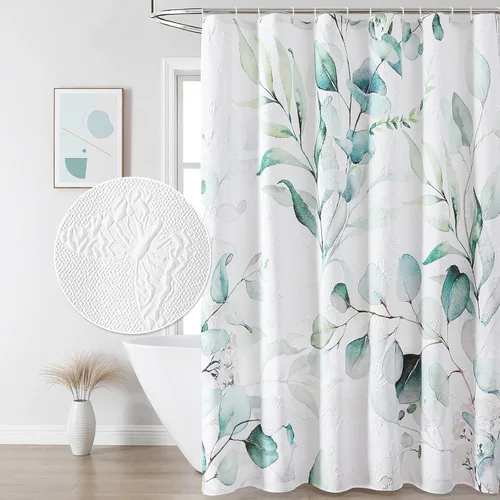 Cortina de ducha de eucalipto QiyI, cortina de baño con mariposas en relieve 3D, cortina de baño minimalista de tela acuarela con hojas verdes y