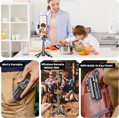 Miniatura 7 de Palo selfie multifuncional 4 en 1 y trípode para iPhone/Android, rotación de 360 grados, con control remoto, portátil para creadores de contenido