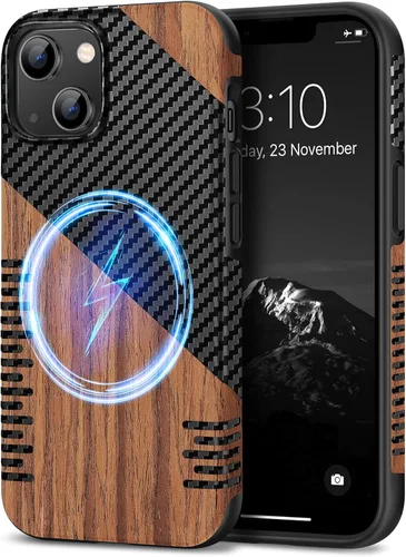 Miniatura 29 de TENDLIN Funda Magnética Compatible con iPhone 14 Plus Funda de Madera con Textura de Fibra de Carbono Diseño Híbrido de Cuero Cubierta Delgada Negro