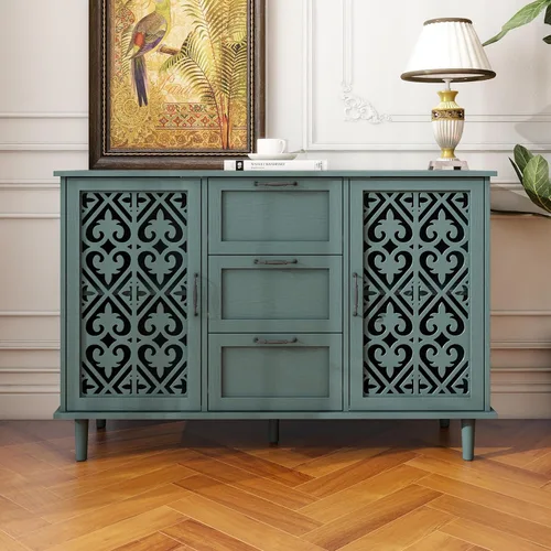 Miniatura 8 de LUMISOL Aparador de buffet, armario de almacenamiento de madera maciza con 2 puertas y 3 cajones, mesa consola retro con almacenamiento para Azul
