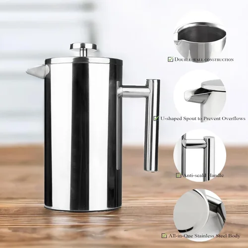 Miniatura 2 de Prensa francesa pequeña de acero inoxidable, 12 onzas de doble filtro para café, cafetera y máquina para servir individual, color plateado