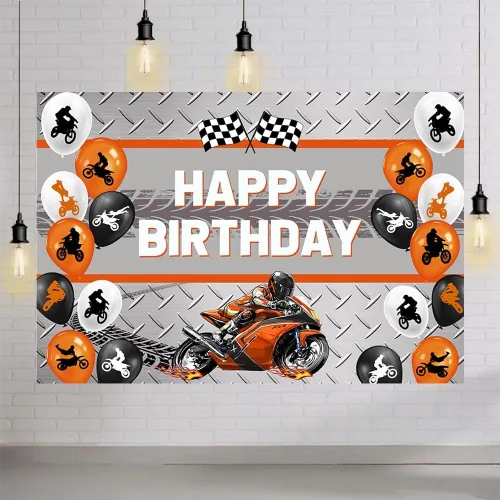 Miniatura 4 de MEHOFOND Telón de fondo naranja de 7 x 5 pies para motocicleta, globo de carreras de motocross, decoración de fiesta de cumpleaños, deportes