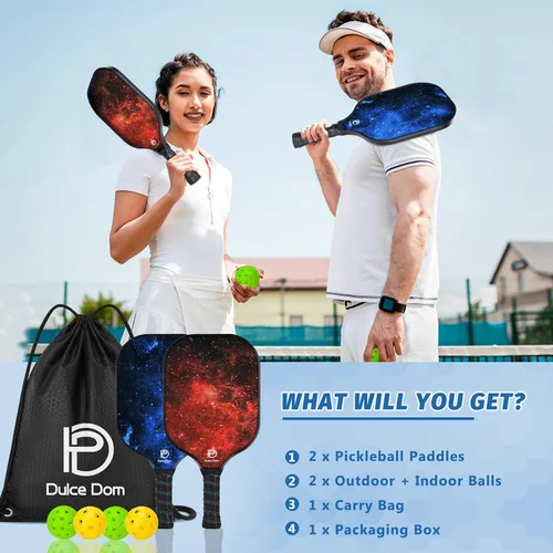 Miniatura 7 de Dulce DOM Juego de 2/4 palas de pickleball aprobadas por USAPA, 4 bolas de pickleball para interiores y exteriores, raqueta de superficie de fibra