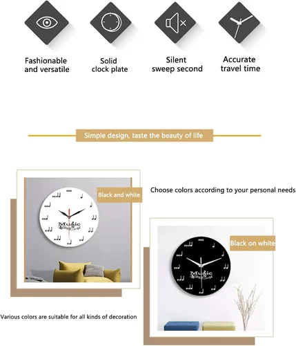 Miniatura 2 de Reloj de pared creativo con nota musical, reloj silencioso en blanco y negro, decorativo, para niños, adultos, estudiantes, habitación, hogar