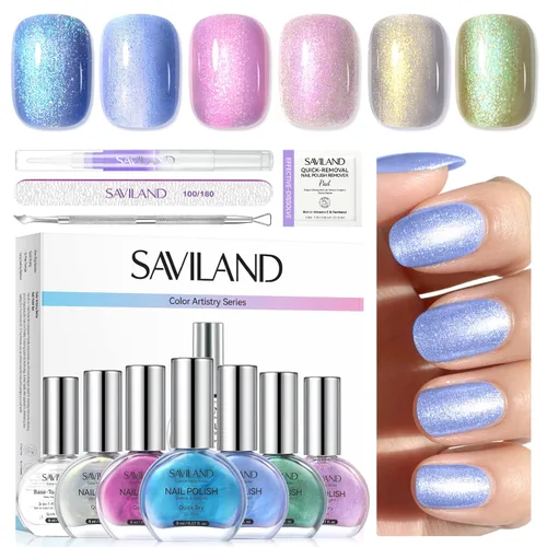 Miniatura 17 de SAVILAND Juego de esmaltes de uñas: kit regular de esmalte de uñas de secado rápido, color burdeos, rojo oscuro, morado, verde, con base de aceite