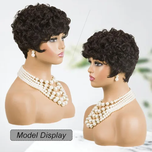 Miniatura 7 de MOONSHOW Pelucas cortas de corte Pixie para mujeres negras, pelucas cortas Pixie negras naturales para mujeres negras, peluca sintética rizada