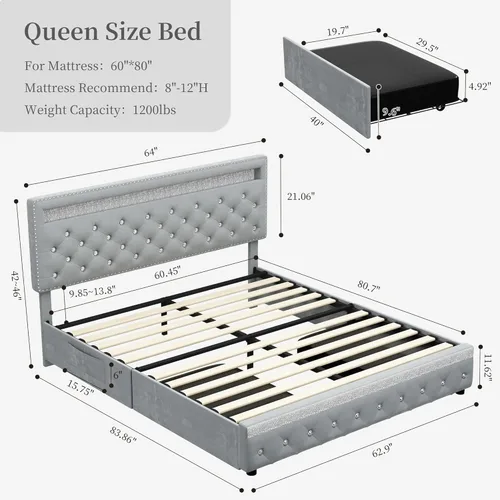 Miniatura 2 de Marco de Cama Queen con LED y 2 Cajones, Cabecero de Plataforma Moderno Resistente Ajustable Tapizado con Botones de Cristal Acolchado, Marco de Gris