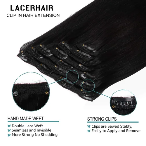 Miniatura 3 de Lacer Extensiones de cabello humano Remy sin costuras, color negro #1, ultra fino, doble trama de poliuretano, invisible, 7 unidades, 4.33 oz