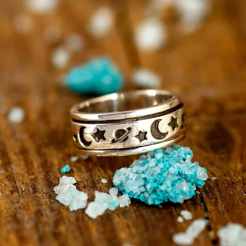 Miniatura 4 de Boho-Magic Anillo giratorio de plata de ley 925 para mujer con luna, estrellas y Saturno