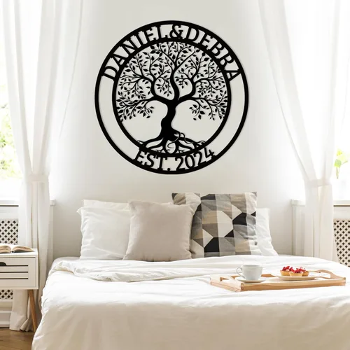 Miniatura 8 de Arte de pared personalizado del Árbol de la vida, decoración personalizada con apellido, letrero de metal para balcón exterior, arte de pared