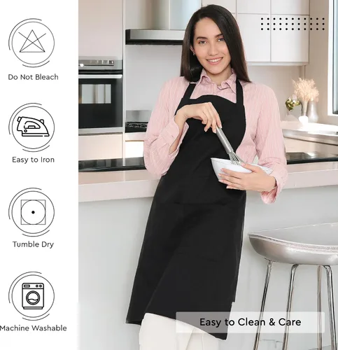 Miniatura 6 de Encasa XO Delantal de algodón ajustable con bolsillos y toallero de tamaño 27 x 33 pulgadas (negro completo) para hombres y mujeres, chefs