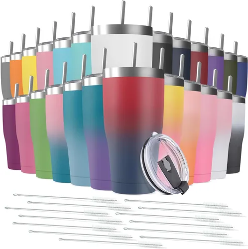 Miniatura 12 de Paquete de 8 vasos de acero inoxidable de 30 onzas a granel reutilizables con tapa, taza de café con recubrimiento de polvo de doble pared