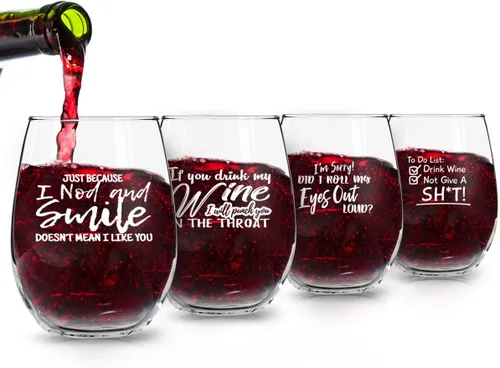 Miniatura 3 de Juego de 4 copas de vino divertidas de crudo y grosero (15 onzas) - Regalos novedosos de cristalería para mujeres, fiesta divertida, evento