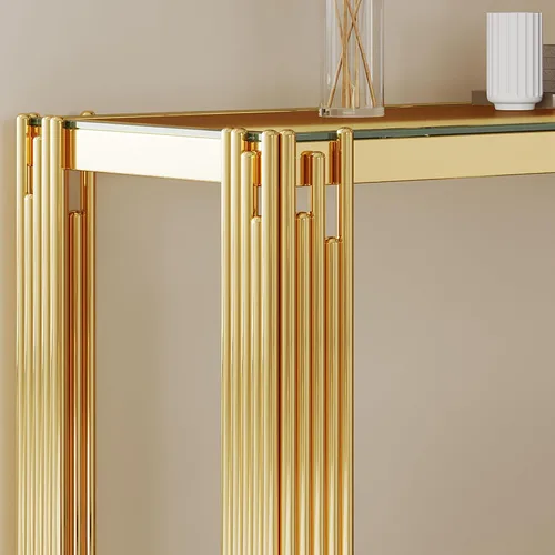 Miniatura 231 de Mesa de centro de cristal de lujo, mesa de centro de sofá de 47 pulgadas con marco de acero inoxidable dorado y parte superior de vidrio negro, mesa
