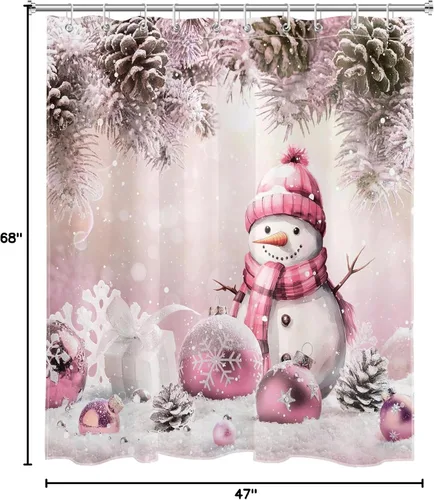 Miniatura 8 de LB Cortina de ducha de Feliz Navidad, bola de Navidad rosa, bonita cortina de ducha de muñeco de nieve, juego de cortina de ducha de invierno blanco