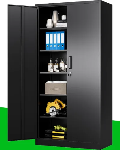Miniatura 8 de PEUKC Armario de almacenamiento de metal con cerradura, gabinetes de almacenamiento pequeños de acero de 36 pulgadas, 2 estantes ajustables, 2 Negro
