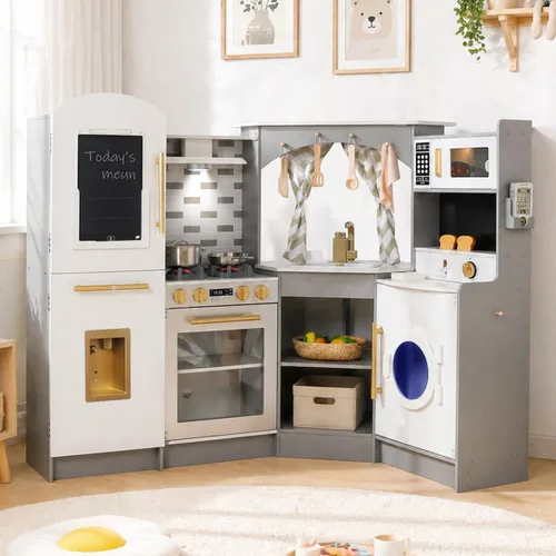 Juego de Cocina de Madera Grande de Rincón con Juego de Hielo, Dispensador de Agua, Panificadora, Lavadora, Pantalla Electrónica, Fregadero de