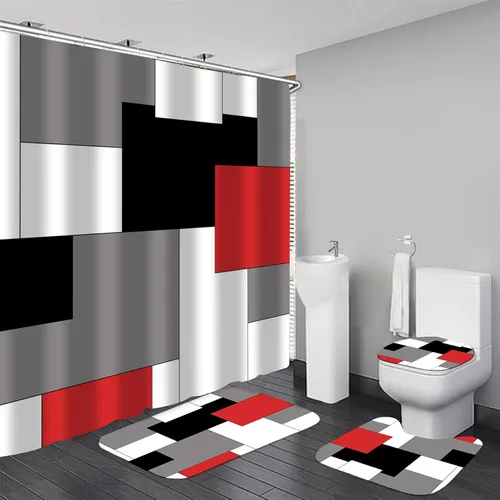 Miniatura 8 de Yizheer Juego de 4 cortinas de ducha de lujo, color negro y dorado, patrón de damasco impermeable, kit de decoración de baño