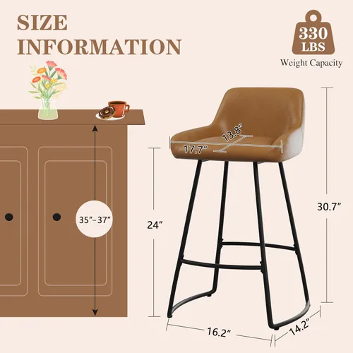 Miniatura 2 de Alunaune Juego de 2 taburetes de bar de 24 pulgadas, de piel sintética de mediados de siglo, sillas de bar modernas para comedor con patas traseras