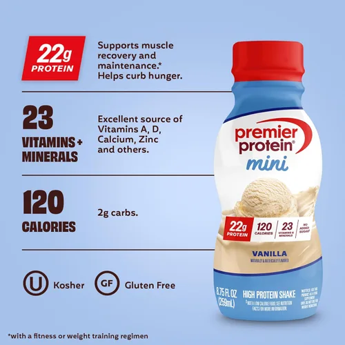 Miniatura 3 de Premier Protein Shake MINIs, vainilla, 0.78 oz de proteína, 120 calorías, sin azúcar añadida, 8.75 onzas líquidas, paquete de 12