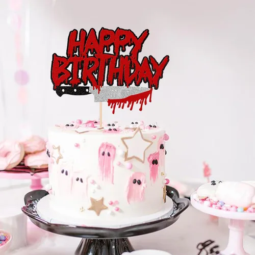 Miniatura 6 de Rsstarxi 1 paquete de decoración de pastel de cumpleaños con purpurina Have a Killer, decoración sangrienta de Halloween para decoración de pastel