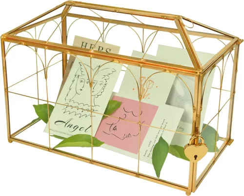 Miniatura 12 de YIMORENCE V Tarjetero de cristal dorado – Caja de sobres de boda con forma rectangular con ranura y pie, perfecto para recepción y centro de mesa