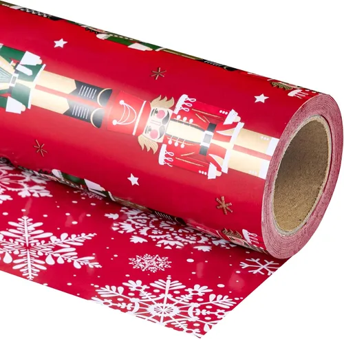 Miniatura 18 de WRAPAHOLIC - Papel de regalo de Navidad reversible, minirollo, 17 pulgadas x 33 pies, diseño de árbol de Navidad con letras “joy”, perfecto